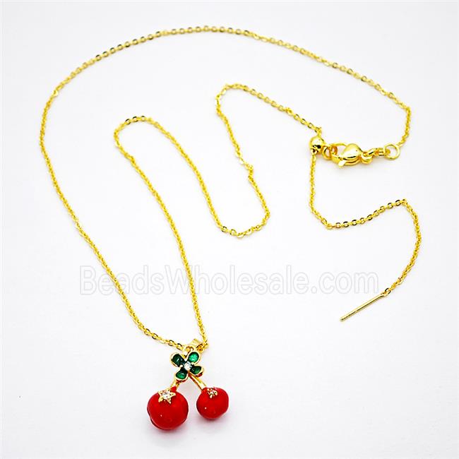 Copper Cherry Necklace Red Enamel Gold Plated