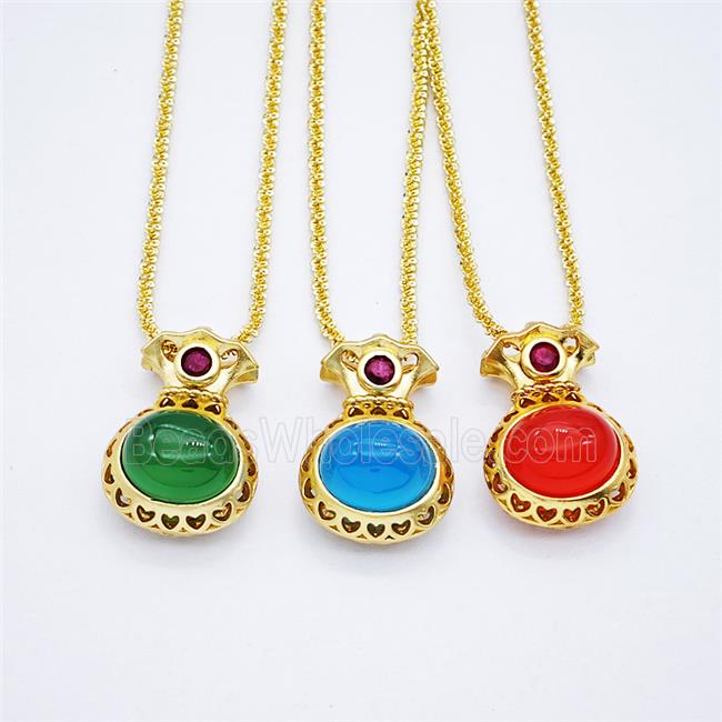 Copper Necklace With FortuneBag Pave Jade Gold Plated Mixed