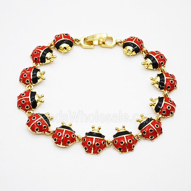 Copper Ladybug Bracelets Pave Zirconia Red Enamel Gold Plated