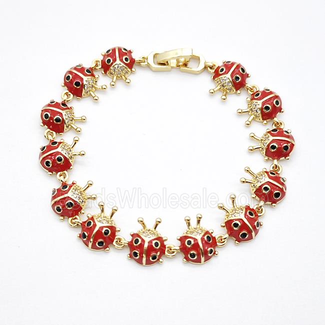 Copper Ladybug Bracelets Pave Zirconia Red Enamel Gold Plated