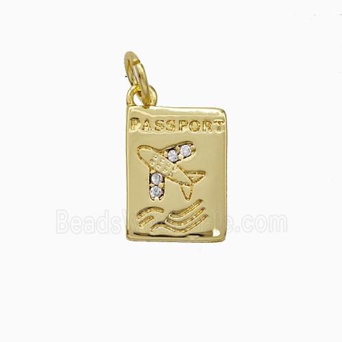 Passport Card Charms Copper Pendant Pave Zirconia Airplane Gold Plated