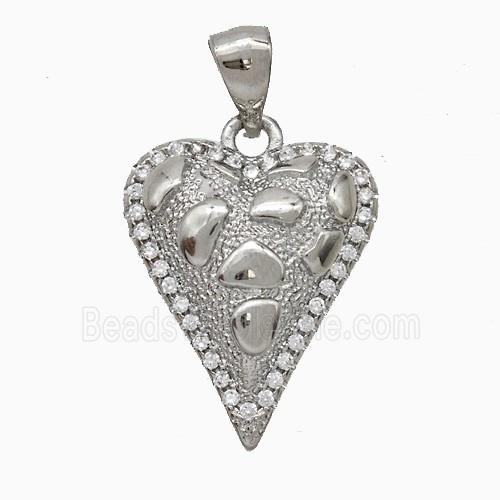 Copper Heart Pendant Pave Zirconia Hammered Platinum Plated