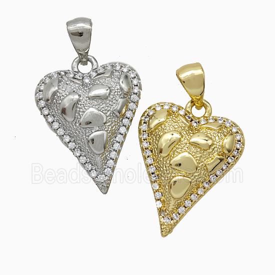 Copper Heart Pendant Pave Zirconia Hammered Mixed