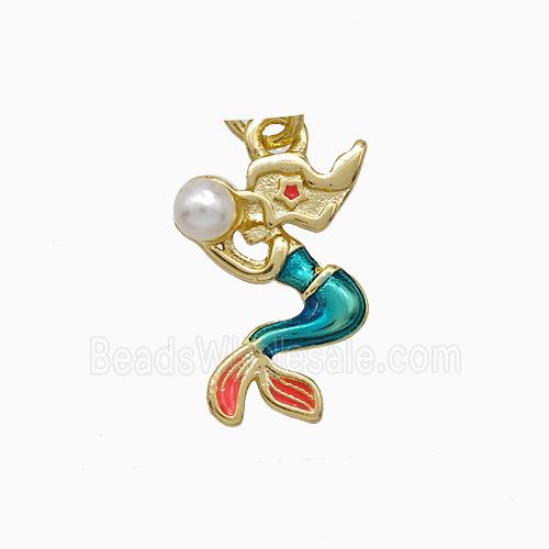 Copper Mermaid Pendant Pave Pearlized Resin Painted Gold Plated