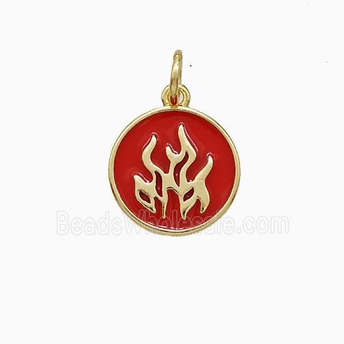 Fire Flame Charms Copper Pendant Red Enamel Circle Gold Plated
