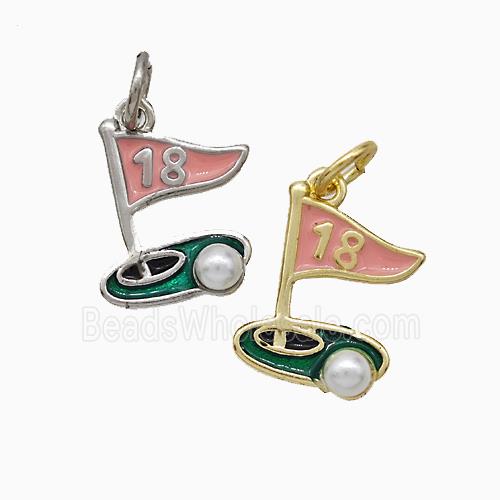 Golf Course Charms Copper Pendant Pave Pearlized Resin Pink Enamel Flag Sports Mixed