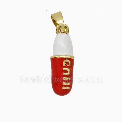 Pill Charms Copper Pendant Red Enamel Gold Plated