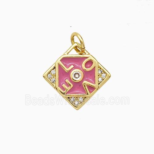 Copper LOVE Pendant Pave Zirconia Pink Enamel Square Gold Plated