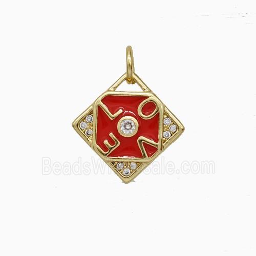 Copper LOVE Pendant Pave Zirconia Red Enamel Square Gold Plated