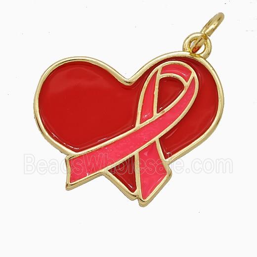 Copper Heart Pendant Red Enamel Awareness Ribbons Gold Plated