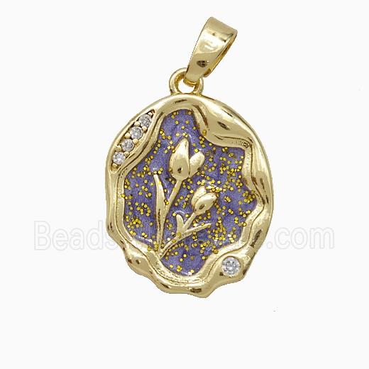Copper Flower Pendant Pave Zirconia Purple Painted Gold Plated