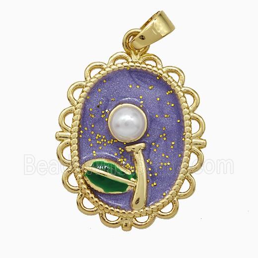 Copper Flower Pendant Pave Pearlized Resin Puprle Painted Gold Plated