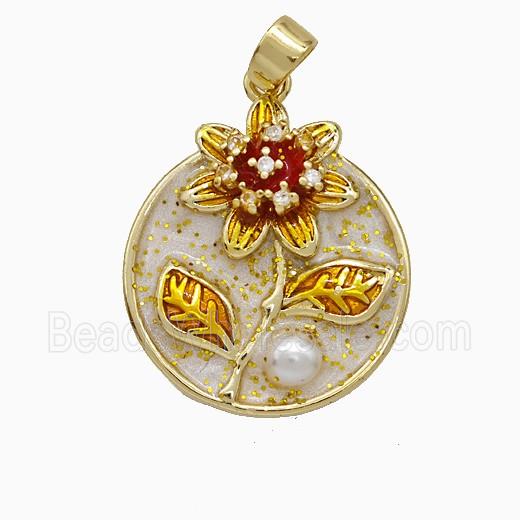 Copper Flower Pendant Pave Pearlized Resin White Painted Gold Plated