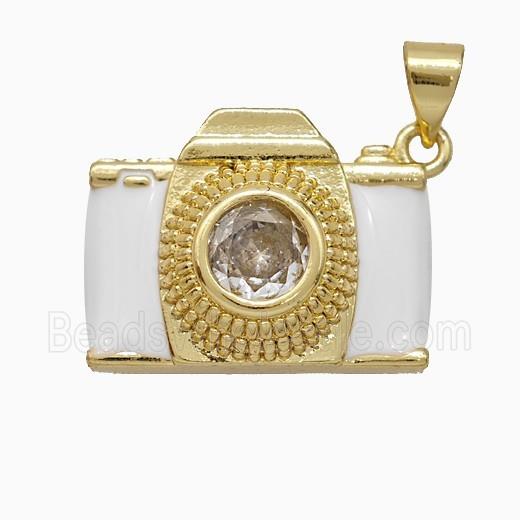 Copper Camera Pendant Pave Zirconia White Enamel Gold Plated