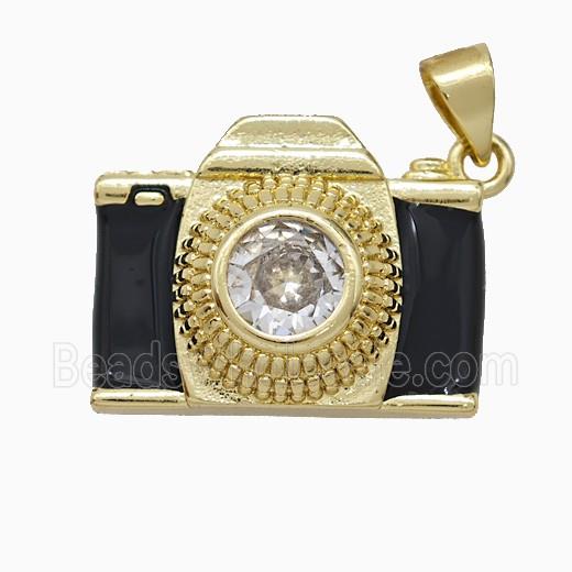 Copper Camera Pendant Pave Zirconia Black Enamel Gold Plated