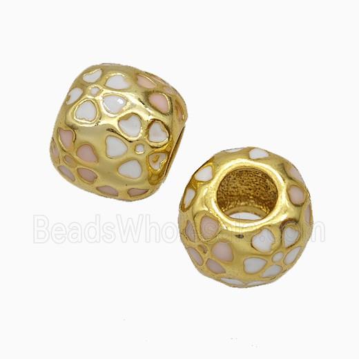 Copper Round Beads White Heart Enamel Large Hole Gold Plated