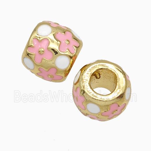 Copper Round Beads Pink Flower Enamel Large Hole Gold Plated