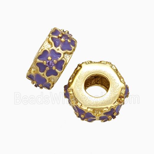 Copper Hexagon Beads Large Hole Enamel Purple Flower Gold Plated