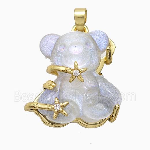 Gray Resin Bear Pendant Copper Star Pave Zirconia Gold Plated