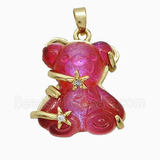 Red Resin Bear Pendant Copper Star Pave Zirconia Gold Plated