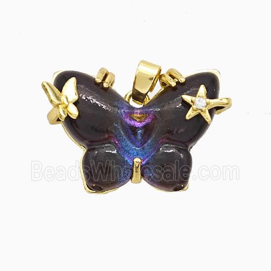 Black Resin Butterfly Pendant Copper Star Pave Zirconia Gold Plated