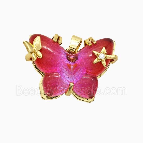 Red Resin Butterfly Pendant Copper Star Pave Zirconia Gold Plated