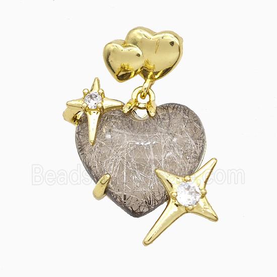 Coffee Resin Heart Pendant Copper Star Pave Zirconia Gold Plated