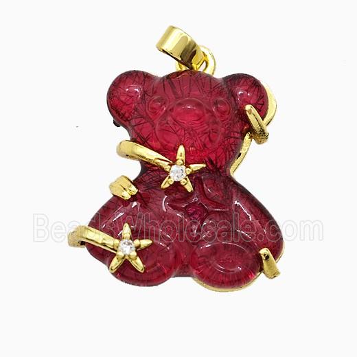 Red Resin Bear Pendant Copper Star Pave Zirconia Gold Plated
