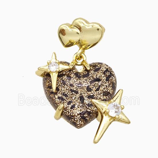 Coffee Resin Heart Pendant Copper Star Pave Zirconia Gold Plated