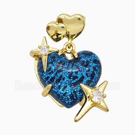 Blue Resin Heart Pendant Copper Star Pave Zirconia Gold Plated