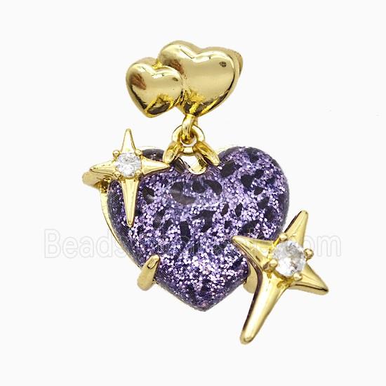 Purple Resin Heart Pendant Copper Star Pave Zirconia Gold Plated