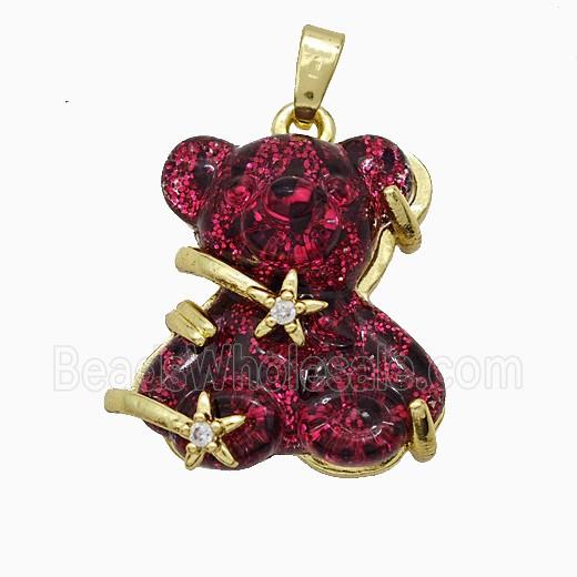 Red Resin Bear Pendant Copper Star Pave Zirconia Gold Plated