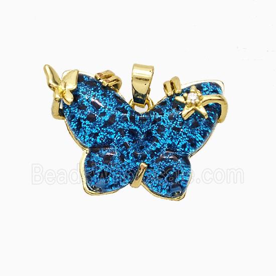 Blue Resin Butterfly Pendant Copper Star Pave Zirconia Gold Plated