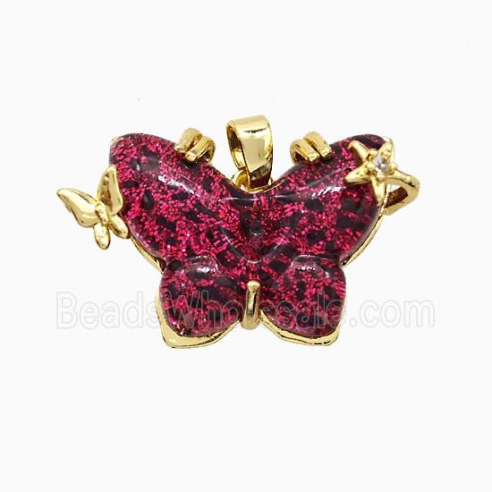 Red Resin Butterfly Pendant Copper Star Pave Zirconia Gold Plated