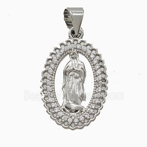 Virgin Mary Charms Copper Pendant Pave Zirconia Platinum Plated