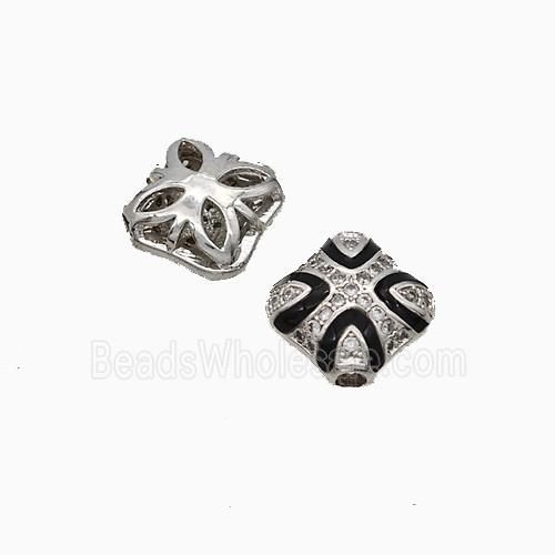 Copper Square Beads Pave Zirconia Black Enamel Platinum Plated