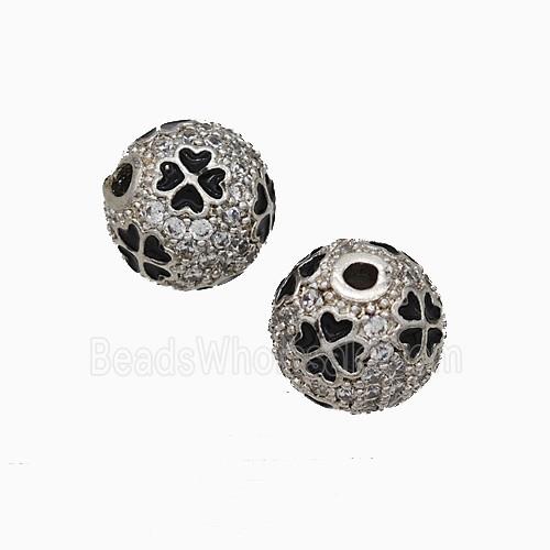 Copper Round Beads Pave Zirconia Black Enamel Clover Platinum Plated