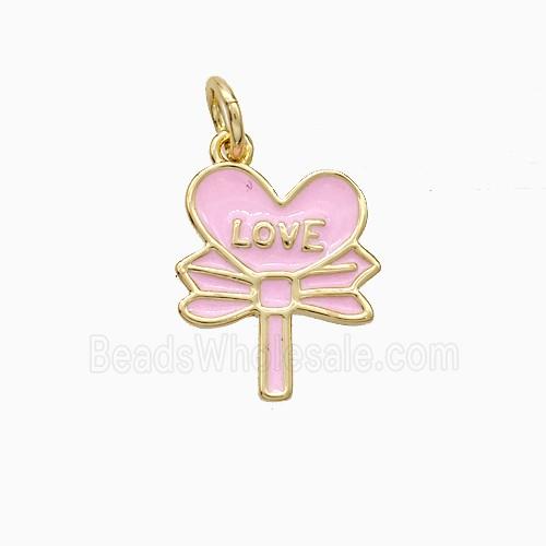 Copper Flower Pendant Love Heart Pink Enamel Gold Plated