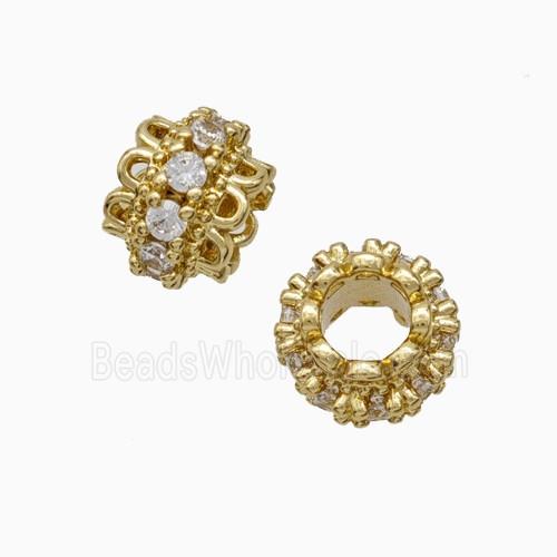 Copper Rondelle Beads Pave Zirconia Large Hole Gold Plated