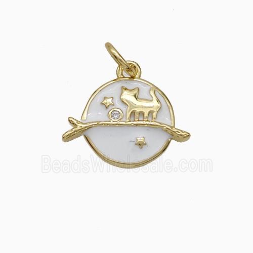Halloween Cat And Broom Charms Copper Pendant White Enamel Gold Plated