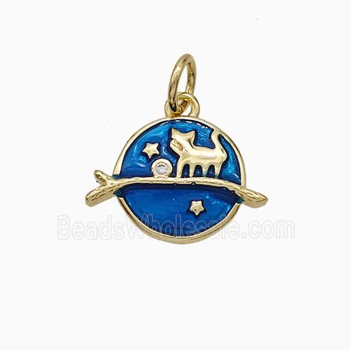 Halloween Cat And Broom Charms Copper Pendant Blue Enamel Gold Plated