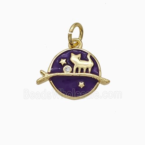 Halloween Cat And Broom Charms Copper Pendant Purple Enamel Gold Plated