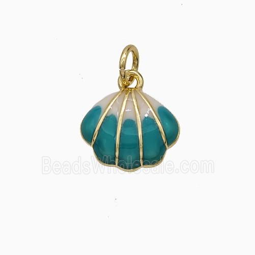 Copper Scallop Shell Pendant Teal Enamel Gold Plated