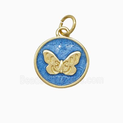 Copper Butterfly Pendant Blue Painted Circle Gold Plated