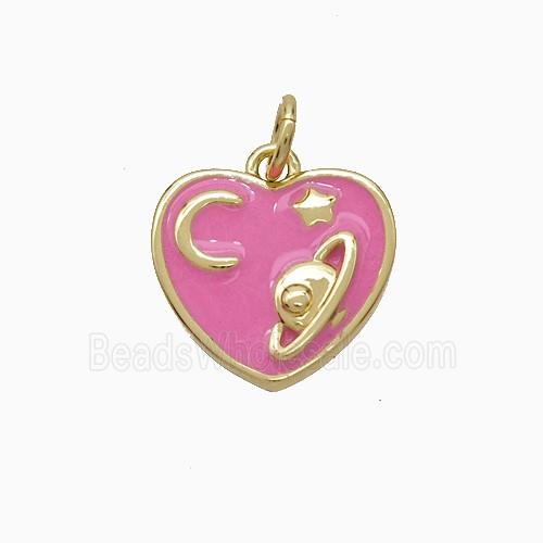 Copper Heart Pendant Pink Enamel Moon Star Planet Gold Plated