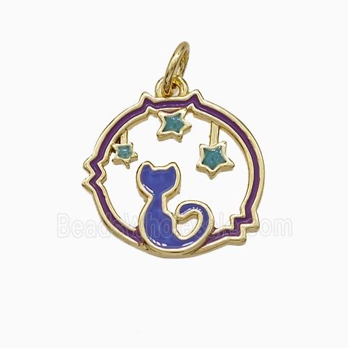 Halloween Cat Charms Copper Pendant Lavender Enamel Star Gold Plated