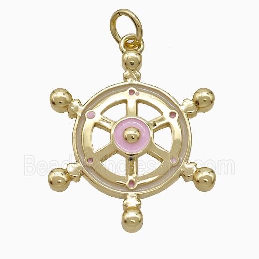 Ship Wheel Charms Copper Pendant Pink Enamel Gold Plated