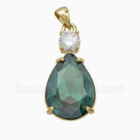 Green Crystal Glass Teardrop Pendant Copper Gold Plated