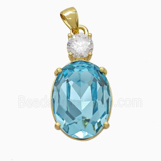 Aqua Crystal Glass Oval Pendant Copper Gold Plated