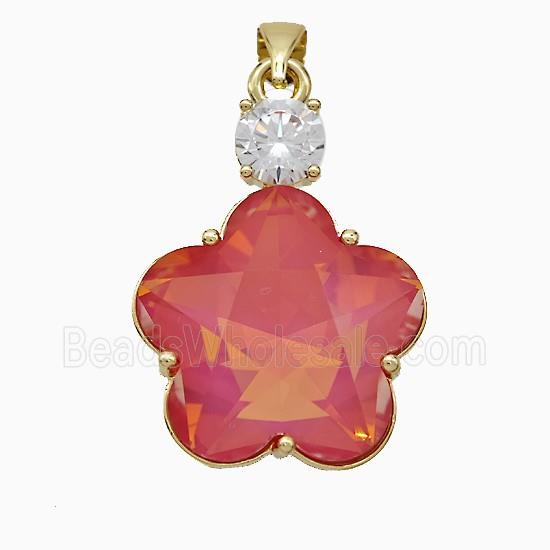 Red Crystal Glass Flower Pendant Copper Gold Plated